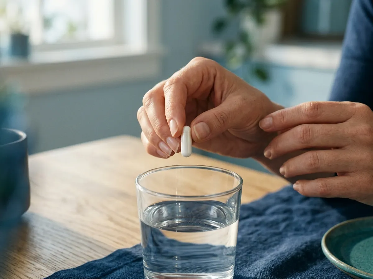 Hands holding a supplement capsule with a glass of water - daily wellness routine for men